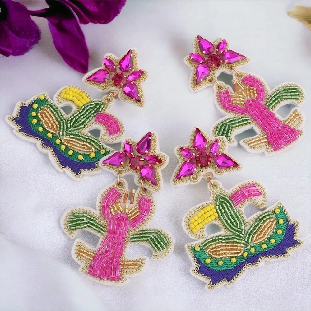 Festive Flair: Beaded Mardi Gras Earrings in Vibrant Purple, Green & Gold!